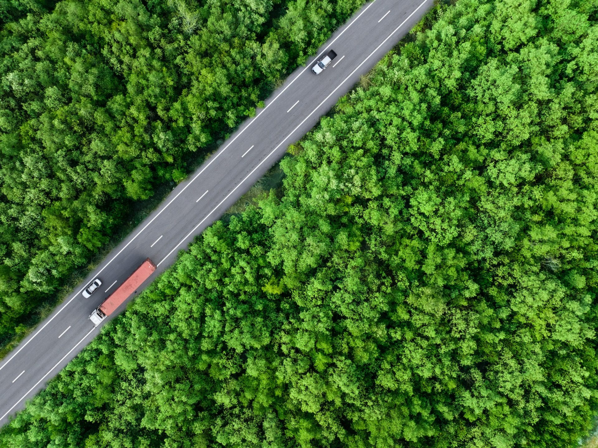 Aerial top view of car and truck driving on highway road in green forest. Sustainable transport.